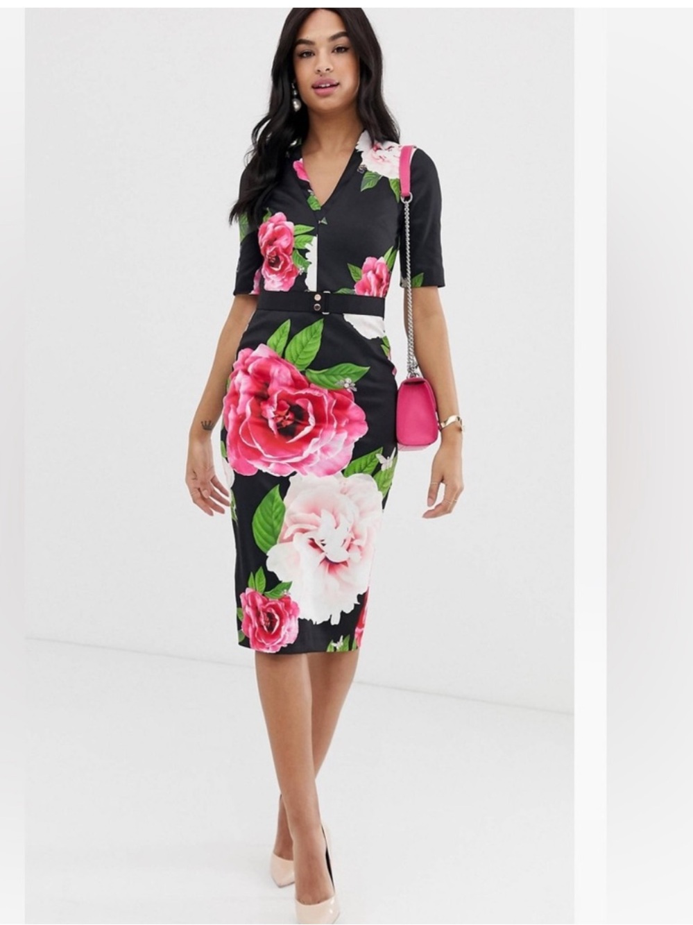 Ted Baker Black Midi Dress with Bold Pink Floral Print